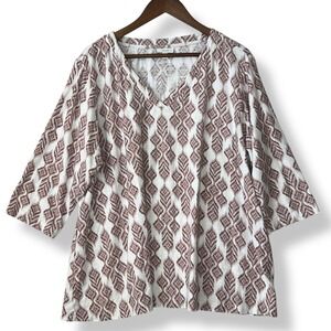 J. Jill Pure 3X Blouse 100% Cotton Ikat V-Neck Pink Rust White Aztec Western